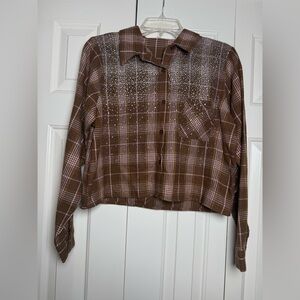 Say‎ Anything Bejeweled Luxe Plaid Button Down Top